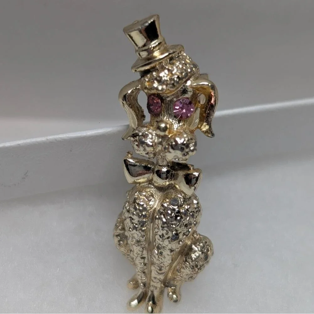 Vintage Poodle Brooch Pair Rhinestone Dog Pins Gold Silver Figural Grandmacore